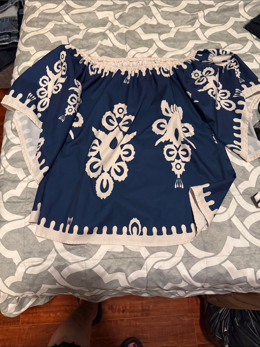 Boho Off-the-Shoulder Navy and Cream Printed Women's Top